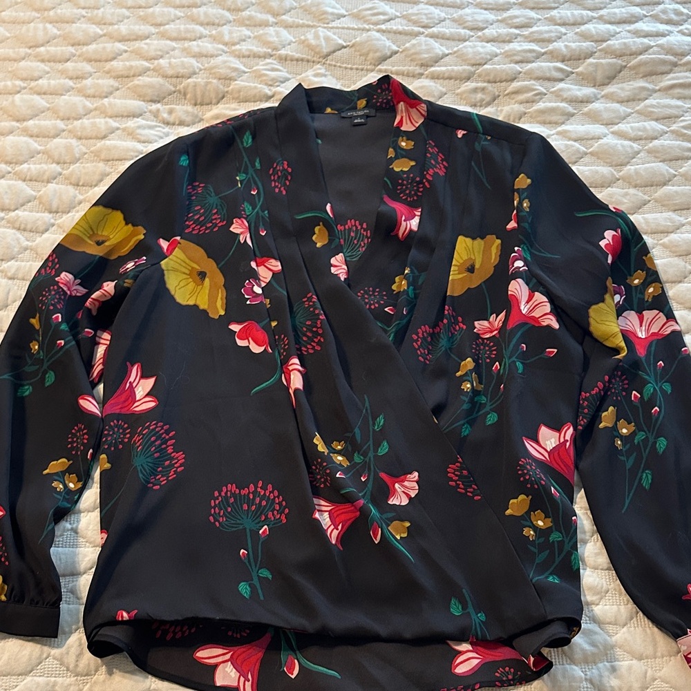Ann Taylor Factory Black blouse with Vibrant Floral Pattern